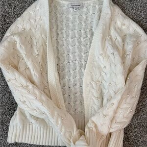 Francesca's Collections Ivory Cable-Knit Cardigan with Pearl Accents